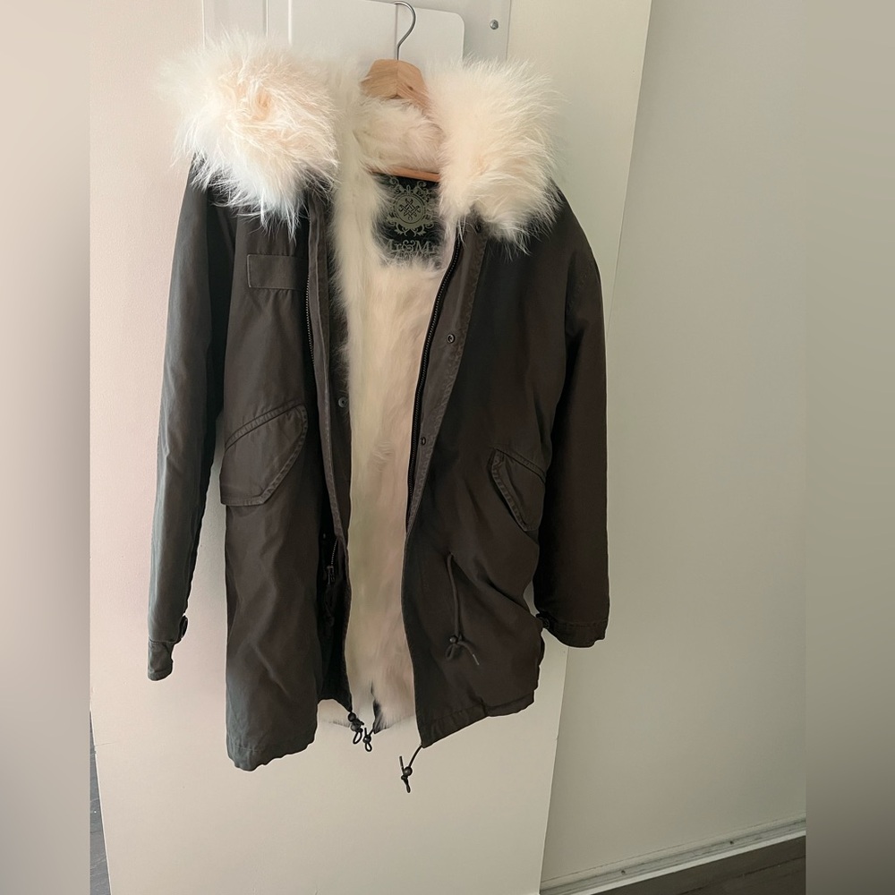 Brand New Real Fur Lined Parka – Dark Olive, Statement Back Detail